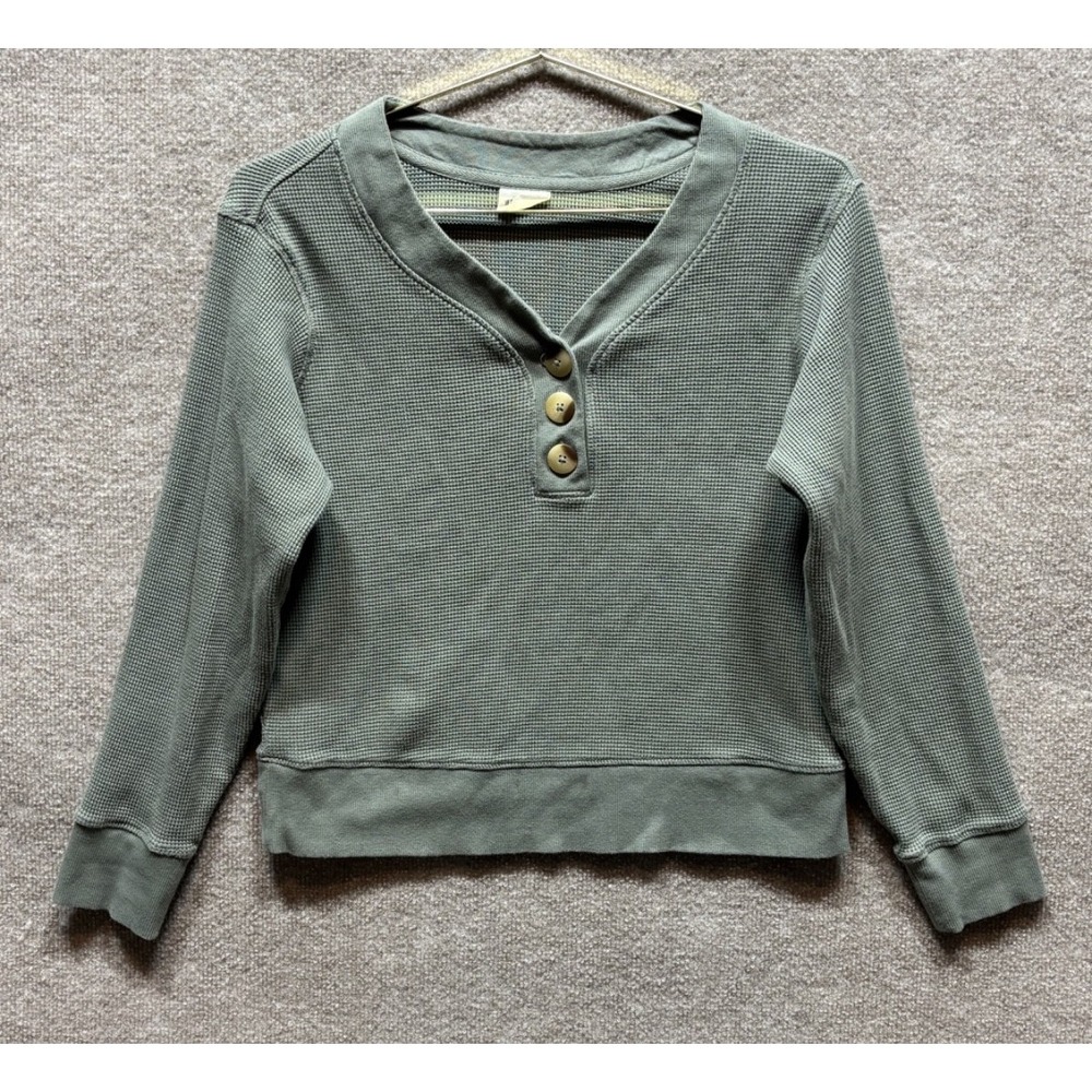 Pact Womens Small Sage Green Thermal Waffle Henley Pullover Organic Cotton Comfy